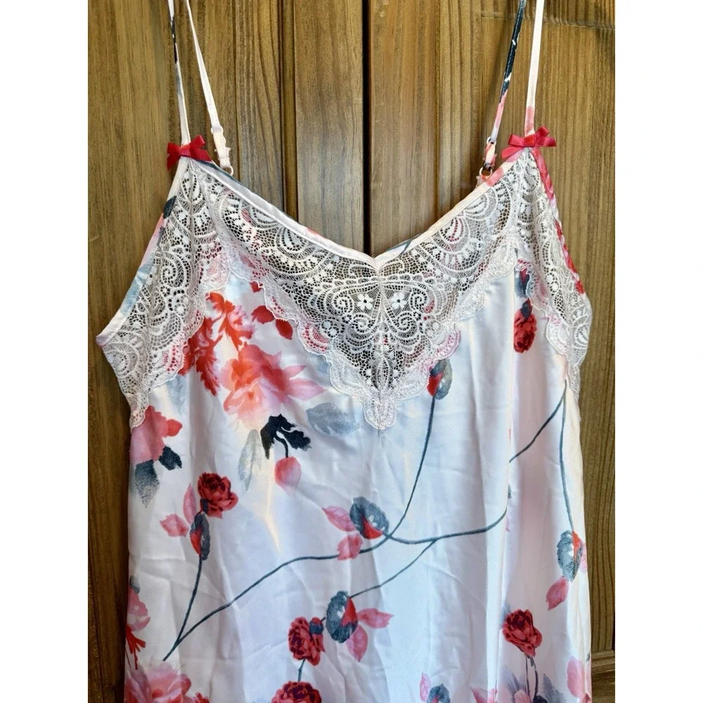 Y2K Babydoll Romantic Oriental Floral‎ Print Lace Satin Slip Lingerie Dress M